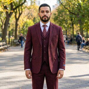 Hybrid Fit Classic Tweed Burgundy Mens Suit by Sean Alexander